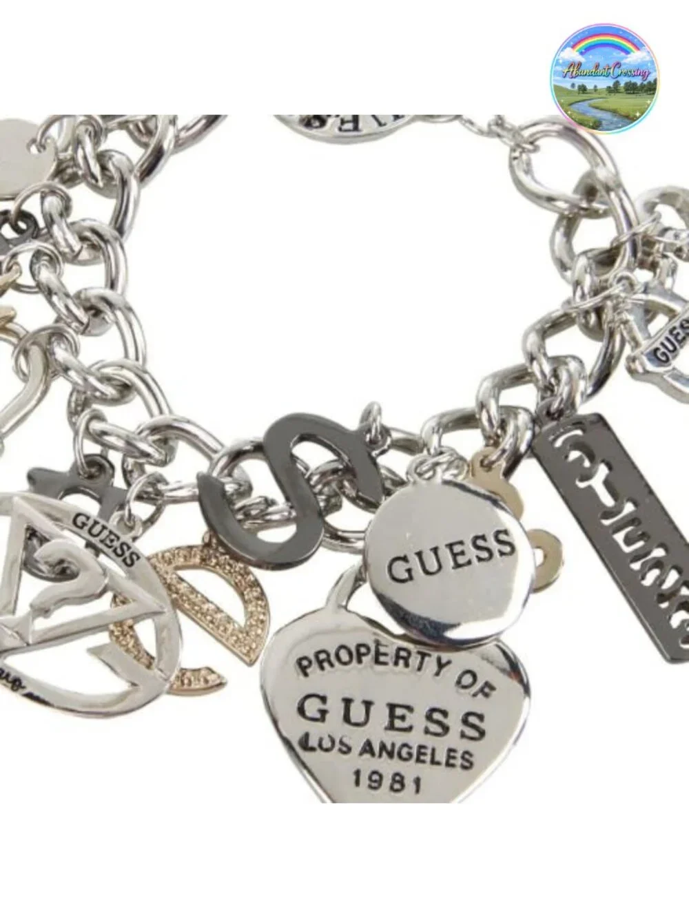 GUESS Logo Mixed Metal Link Charm Bracelet Toggle Clasp Silver Hematite
